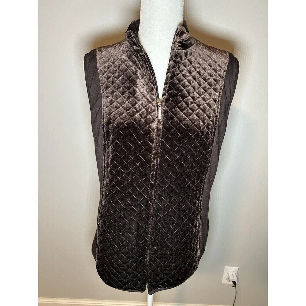 Susan Graver Weekend Velour Quilted Knit Zip Front Vest Brown S